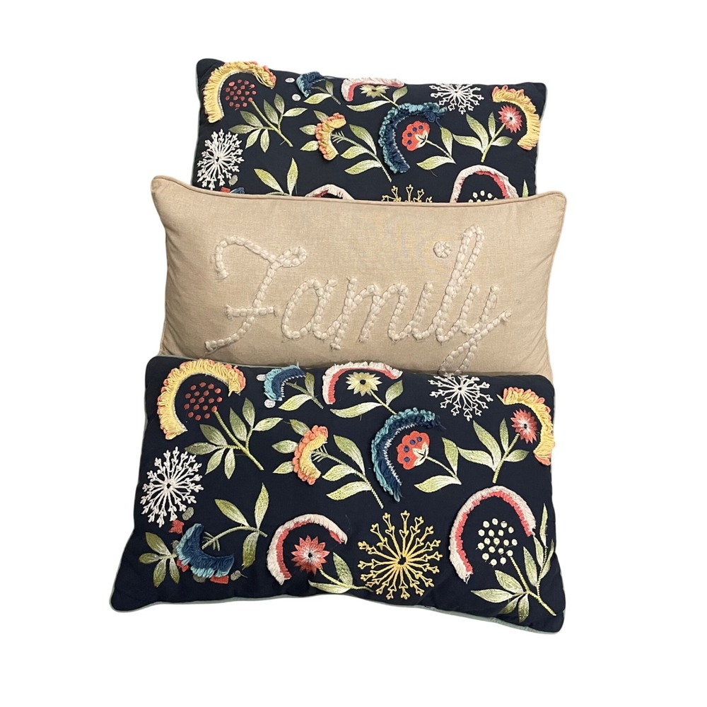 Set of 3 Decorative‎ Throw Pillows Family Beige Embroidered Floral Navy 10"x20"
